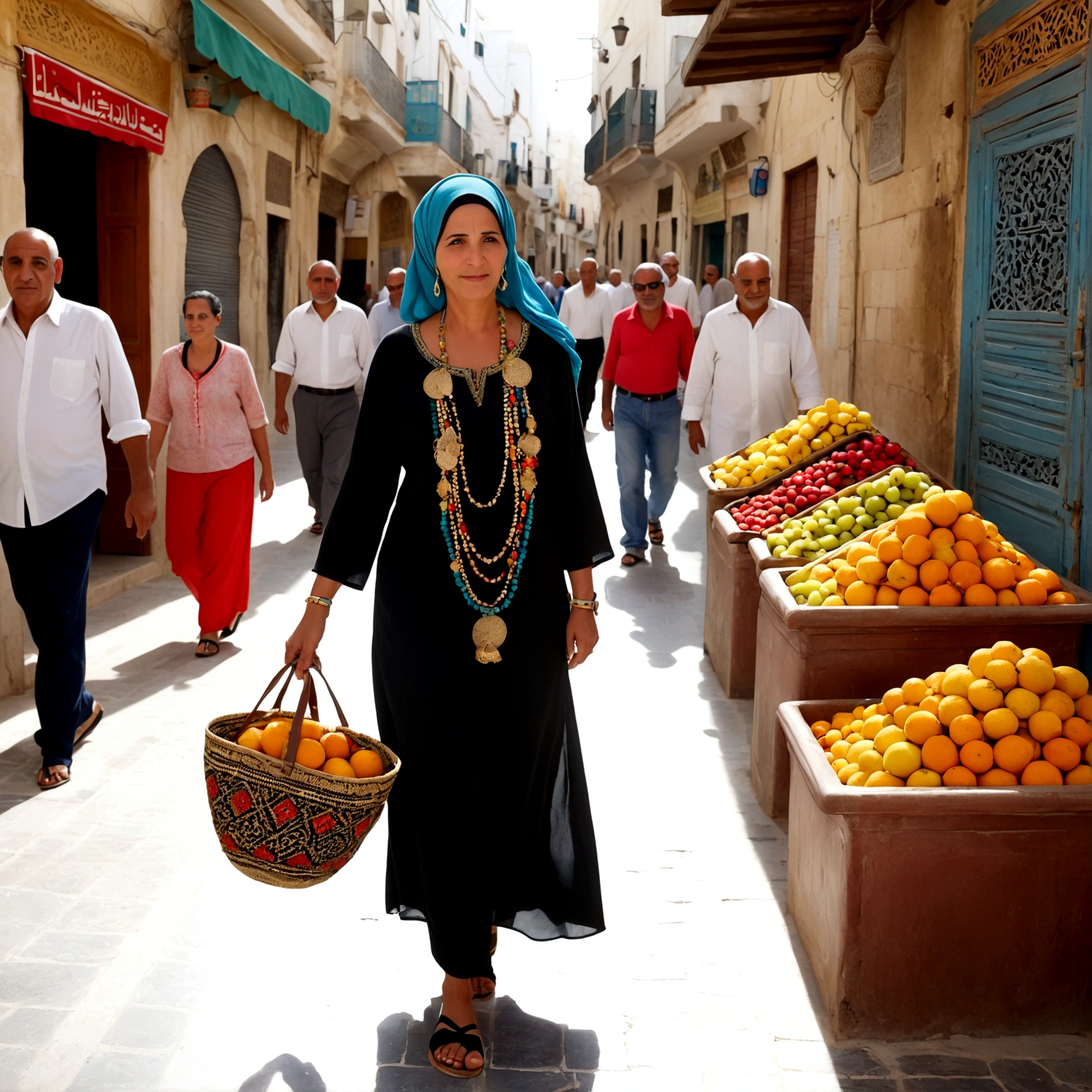  Visualisez une femme moderne et confiante se promenant dans les rues animées de Tunis, vêtue d'une combinaison noire élégante et de sandales dorées. Elle porte une pochette ornée de motifs traditionnels tunisiens et échange des salutations avec les commerçants tout en admirant les étals colorés de fruits et d'épices.