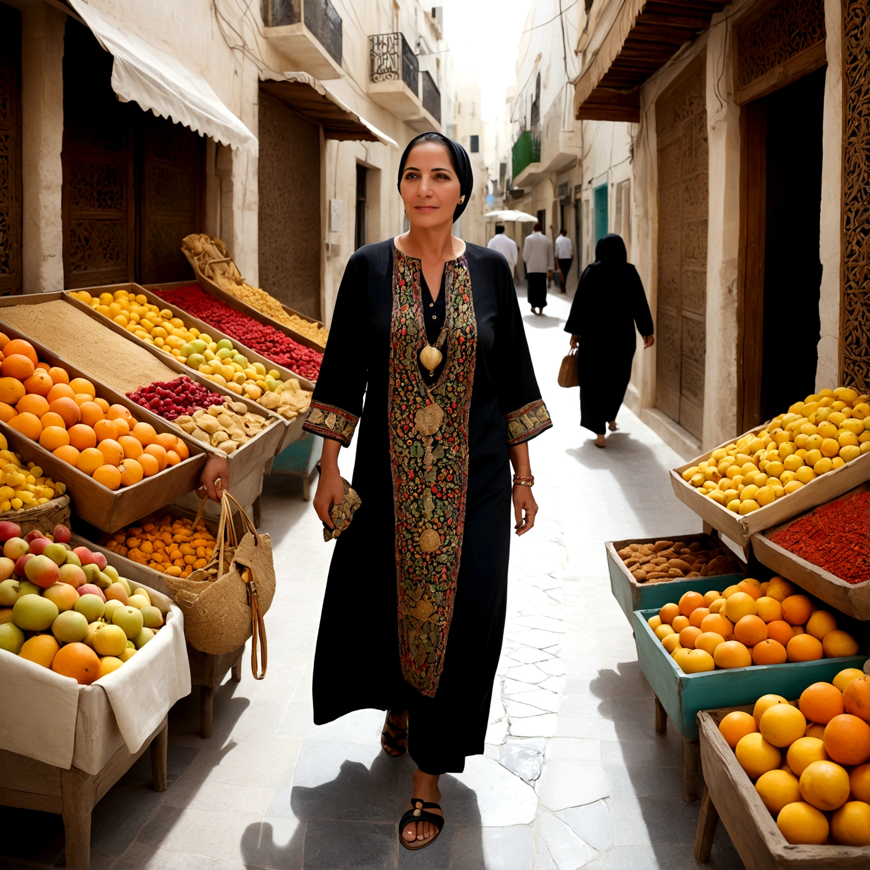 Visualisez une femme moderne et confiante se promenant dans les rues animées de Tunis, vêtue d'une combinaison noire élégante et de sandales dorées. Elle porte une pochette ornée de motifs traditionnels tunisiens et échange des salutations avec les commerçants tout en admirant les étals colorés de fruits et d'épices.