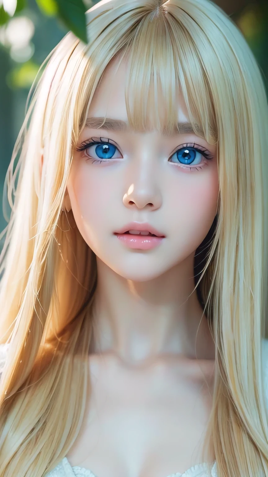high quality、最high quality、Photorealistic、Raw photo、Real、超Real8K CG、Super detailed、High resolution、masterpiece、1 Girl、Super long hair、Light blonde hair、Bright Blue Eyes、Detailed face and eyes、Close-up、Intricate details、Detailed Texture、details、details、A perfectly beautiful face、Messy silky beautiful light blonde hair、Beautiful cute girl 16 years old、Very beautiful beautiful bright pale sky blue big eyes、Very super long beautiful blonde silky shiny hair、Long beautiful bangs、Very big eyes、Small Face Beauty、eyeliner、very white shiny skin、Gloss Face、Cheek gloss、Hair above the eyes、片Hair above the eyes、Hair between the eyes、