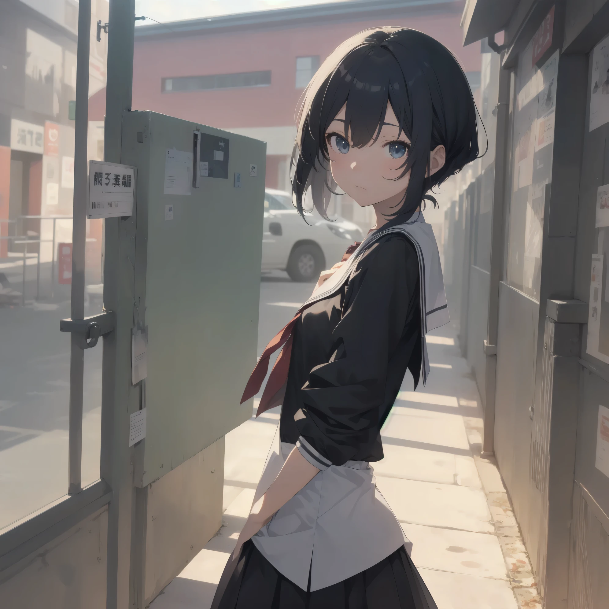 ultra-absurdres-Top quality by artist God, ultra-detailed, high resolution, anime moe artstyle, best anime 8k konachan wallpaper, pixiv contest winner, pool:2810, perfect anatomy,break, 1girl, (Please draw a girl walking sleepily to school alone. )break,(Solo,little female, 13-year-old:1.3),Full limbs, complete fingers,a junior high school student, (very short hair), short cut, flat chest, , small butt, small black eyes, beautiful detailed eyes, well-proportioned iris and pupils, expressive eyes, highres detailed hair, soft expression, salor school_uniform, sailor collar, serahuku, bow, pleated skirt,(Detailed Lighting), (Detailed background), in the School commute route. break,super detailed skin, Best cinematic lighting powered by famous artist, 8k,beauty illustration,photoshop_(medium),very aesthetic,break,((artist:saiguchi_otoufu )), artist:clamp ,artist:carnelian ,artist:kantoku ,
