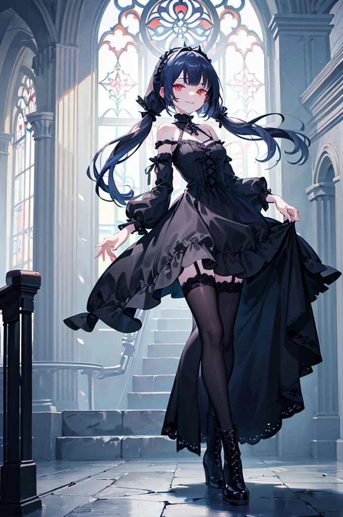 [(church background:1.4)::5],Original,(Illustration:1.1),(Best Quality),(masutepiece:1.1),(the Extremely Detailed CG Unity 8K Wallpapers:1.1), (Colorful:0.9),(mid-shot:0.95),(Full body:1.5),Dynamic Angle,(Solo:1.2), (girl),((Adult)), (Detailed beautiful eyes:1.15), (Beautiful face:1.15), (Glowing red eyes:1.25////),((dark blue long hair)),(Blunt bangs),(low twintails),(+perfect hand+:1.21),(Draw an illustration of a gothic girl),(Religious),(slender),(she has boots on her feet),((Wearing a black dress)),(Furious), Lace Off Shoulder Lolita Fashion,Beautiful slender woman,((Evil smile)),Dark blue short hair,Dark blue short hair,Laugh,evil smile,