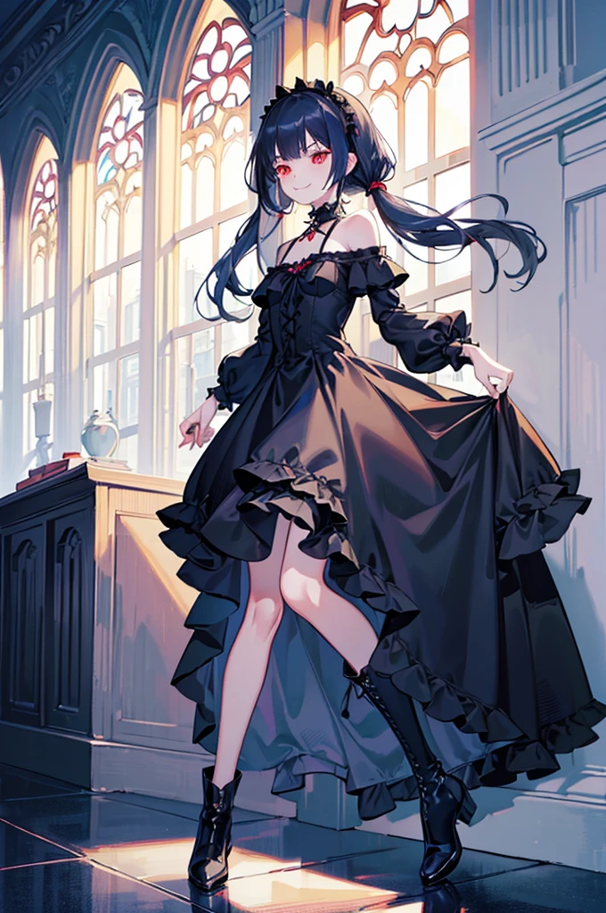 [(church background:1.4)::5],Original,(Illustration:1.1),(Best Quality),(masutepiece:1.1),(the Extremely Detailed CG Unity 8K Wallpapers:1.1), (Colorful:0.9),(mid-shot:0.95),(Full body:1.5),Dynamic Angle,(Solo:1.2), (girl),((Adult)), (Detailed beautiful eyes:1.15), (Beautiful face:1.15), (Glowing red eyes:1.25////),((dark blue long hair)),(Blunt bangs),(low twintails),(+perfect hand+:1.21),(Draw an illustration of a gothic girl),(Religious),(slender),(she has boots on her feet),((Wearing a black dress)),(Furious), Lace Off Shoulder Lolita Fashion,Beautiful slender woman,((Evil smile)),Dark blue short hair,Dark blue short hair,Laugh,evil smile,