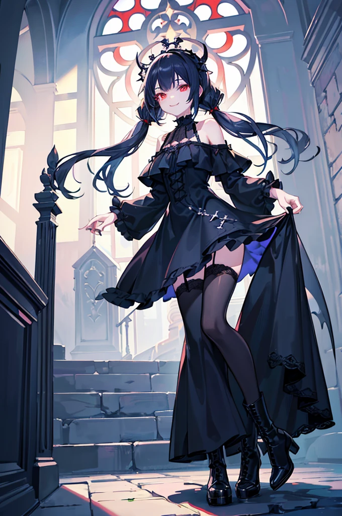 [(church background:1.4)::5],Original,(Illustration:1.1),(Best Quality),(masutepiece:1.1),(the Extremely Detailed CG Unity 8K Wallpapers:1.1), (Colorful:0.9),(mid-shot:0.95),(Full body:1.5),Dynamic Angle,(Solo:1.2), (girl),((Adult)), (Detailed beautiful eyes:1.15), (Beautiful face:1.15), (Glowing red eyes:1.25////),((dark blue long hair)),(Blunt bangs),(low twintails),(+perfect hand+:1.21),(Draw an illustration of a gothic girl),(Religious),(slender),(she has boots on her feet),((Wearing a black dress)),(Furious), Lace Off Shoulder Lolita Fashion,Beautiful slender woman,((Evil smile)),Dark blue short hair,Dark blue short hair,Laugh,evil smile,