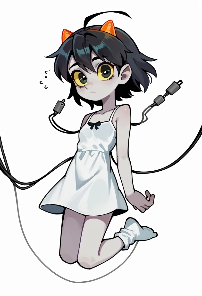 score_9, score_8_up, score_7_up, score_6_up, score_5_up, score_4_up, source_anime, lain, solo, 1girl, young adult, light gray skin, black hair, black eyes, yellow sclera, emotionless, looking at viewer, long bangs, hair between eyes, two tiny orange horns, pitch black pupils, long sidelocks, thin eyebrows, colorful, soft artstyle, flat chest, tired droopy soft eyes, gray skin, grey lamb ears, white simple nightgown, white socks, wires, cables, simple background, solid colour white background, floating in air, levitating, rating_safe, ghostly, fading, uneven hair, white void background, asymmetrical hair, tangled in cables, 