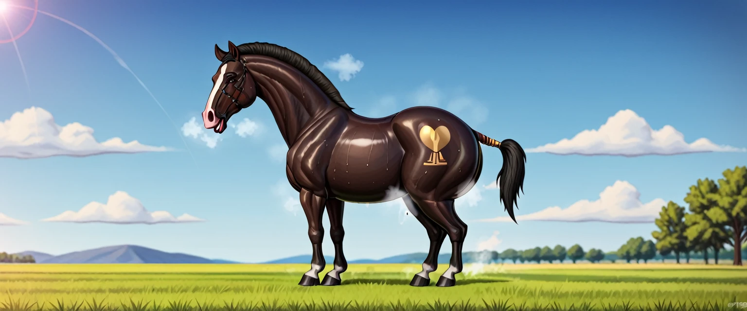 African woman (very full figured black skinned ) nude. riding. big bum. very short tail. flat grass meadow. steaming horse dung behind horse. cloudless blue sky.