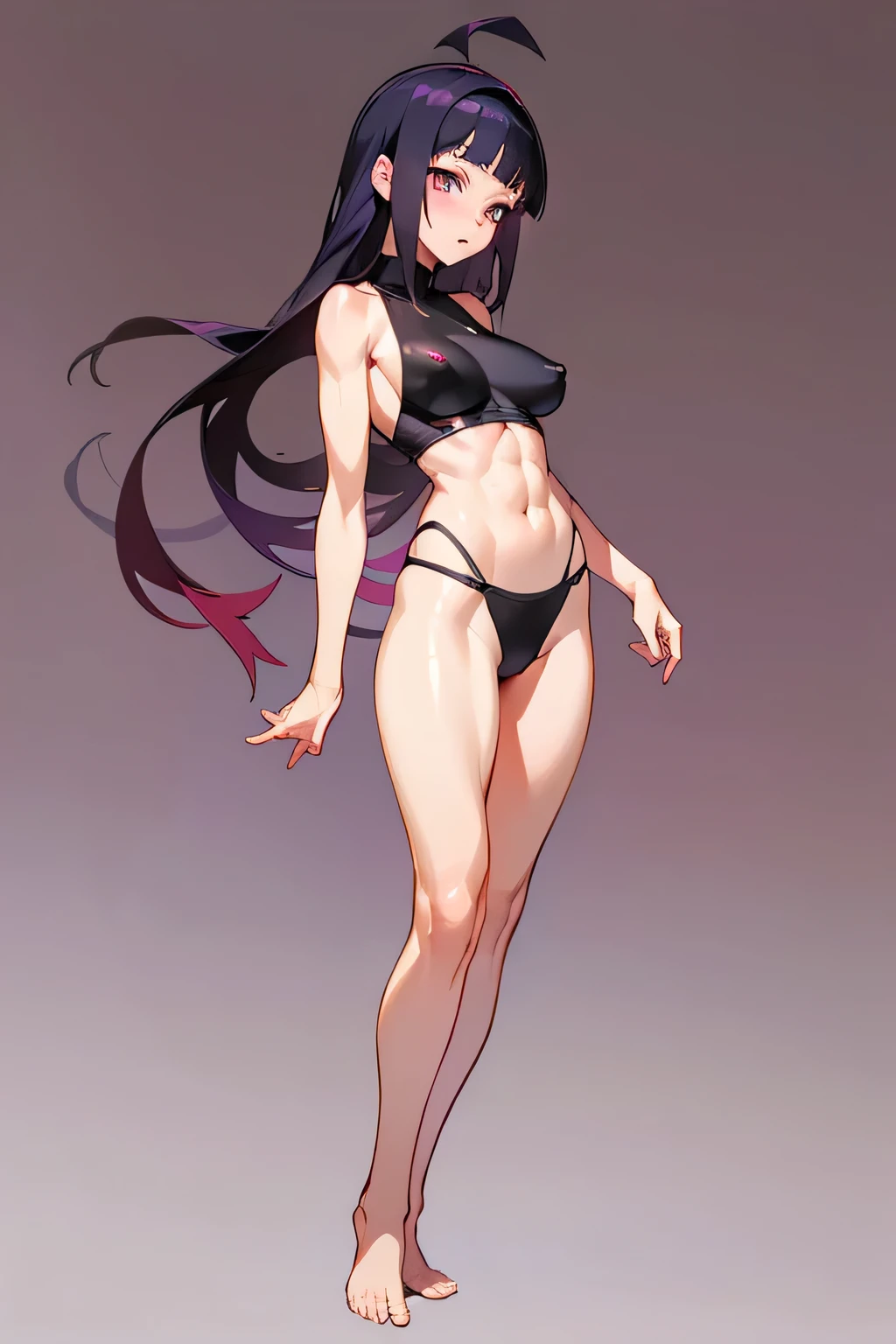 one white girl, Hinata from Naruto, anime, hyuga clan, bust, solo, full body, legs, abs, slender body, white eyes, beautiful eyes, black hairt, long hair, nsfw, (huge breasts, open breasts, small breasts:1.3), bare shoulders, bare neck, masterpiece, highly detailed, shiny blured grey background, gradient sprayed background, gradient red purple background, blured background, big nipples, glowing edges of image, (underwear:1.3)
