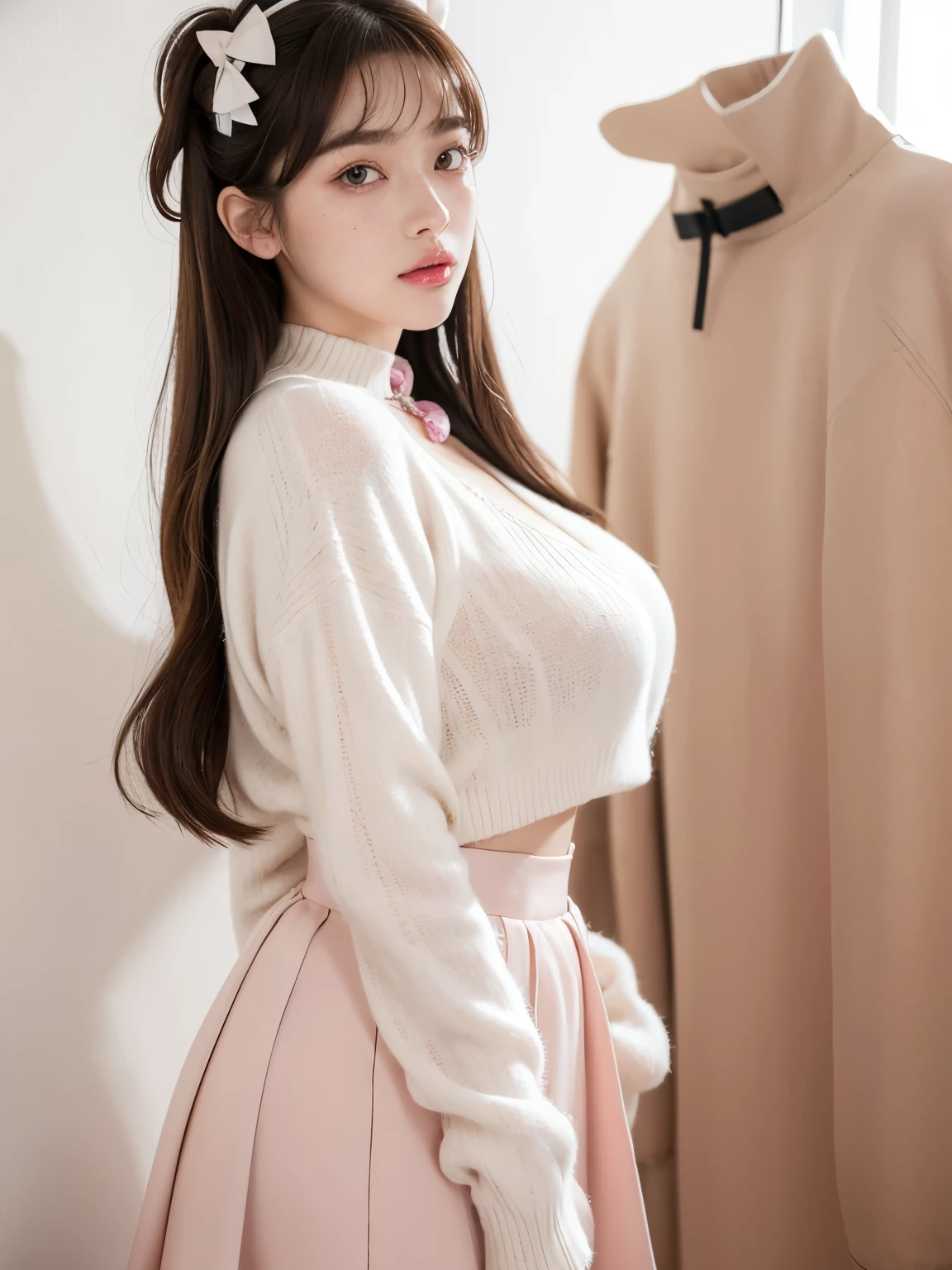 Kim Jennie with white brown hair, with curlers at the ends, with two bows on each side of the hair, all her hair white brown, with a star clip in her white brown hair, light colored eyes, pretty eyes, crying eyes, pretty, upturned nose, watery nose, Pretty lips, pink lips, heart and cupid shaped lip, pretty skin, pale, White skin, with moles and freckles all over his face, soft pink blush on the cheeks, natural pink blush, soft pink makeup, Jennie, nice neck, marked collar, frown, tender look, with a kiss necklace, a pretty kiss necklace, similar to Yumeko Jabami, while wearing a Crochet YK2, woolen, with a YK2 style brown mini skirt, while wearing a jacket with bear prints, while having a bare abdomen, Delgado, marked and pretty, (big breasts, soft breasts, nice breasts), while she is cosplaying the character Yumeko Jabami, The anime Kakegurui, looking to the camera