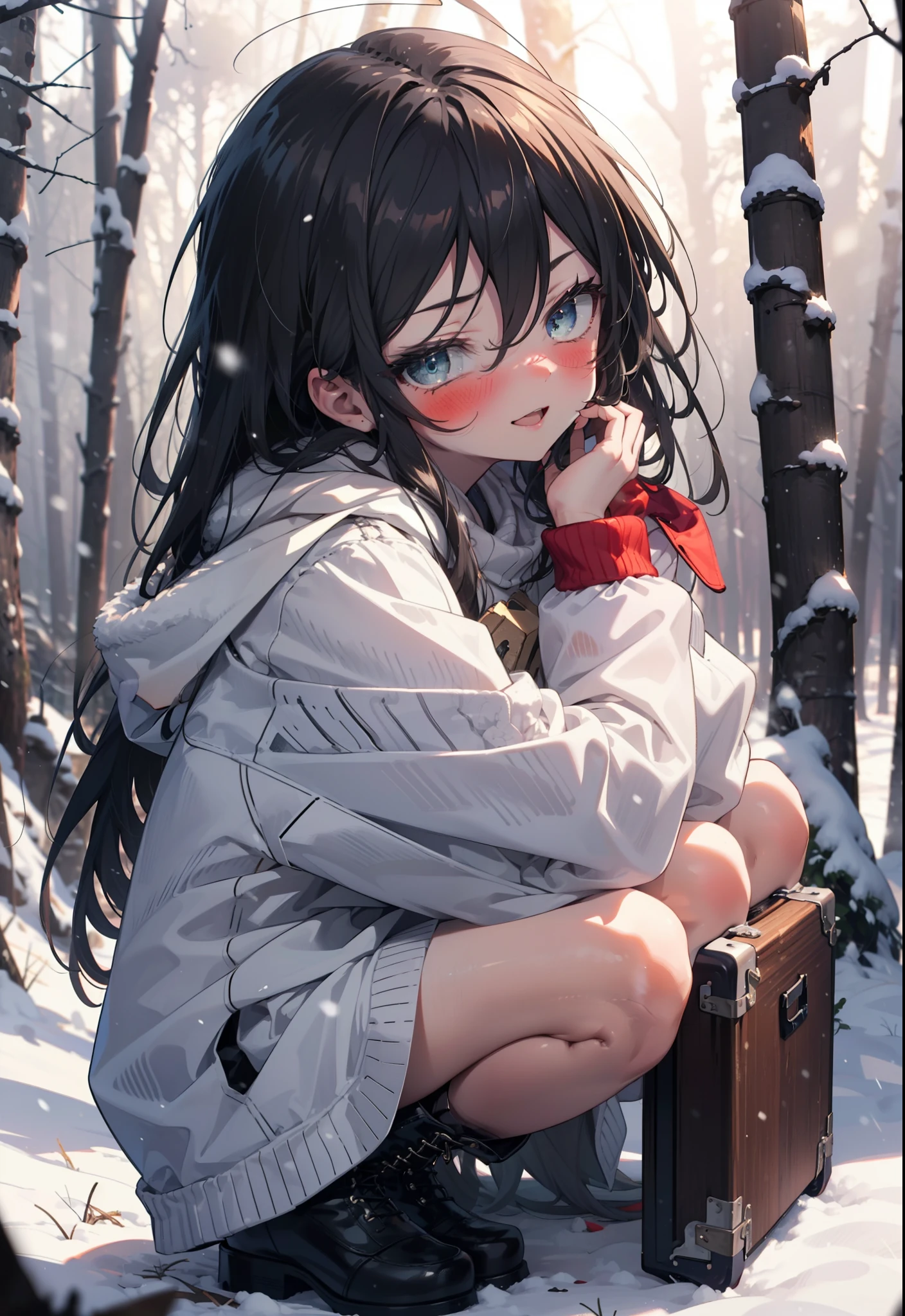 Shana,灼眼のShana,Long Hair, Redhead, Red eyes,Ahoge,,smile,blush,White Breath,
Open your mouth,snow,Ground bonfire, Outdoor, boots, snowing, From the side, wood, suitcase, Cape, Blurred, , forest, White handbag, nature, Squat, Mouth closed, Cape, winter, Written boundary depth, Black shoes, red Cape break looking at viewer, Upper Body, whole body, break Outdoor, forest, nature, break (masterpiece:1.2), Highest quality, High resolution, unity 8k wallpaper, (shape:0.8), (Beautiful and beautiful eyes:1.6), Highly detailed face, Perfect lighting, Extremely detailed CG, (Perfect hands, Perfect Anatomy),