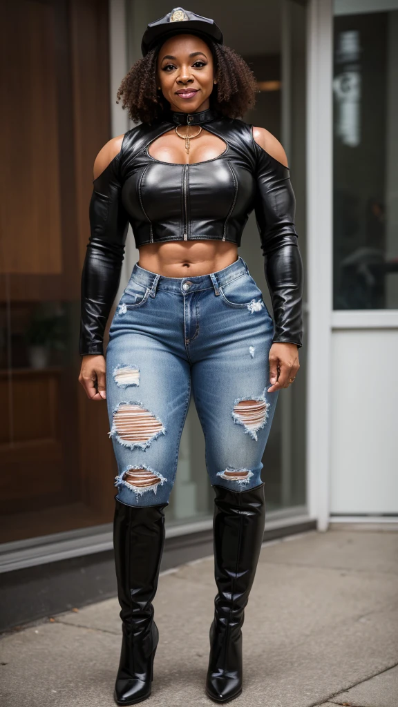60 year old, light skinned black woman, bodybuilder, police hat, crop top, tight denim, leather jacket, high heels, knee high boots, (((full body shots)))