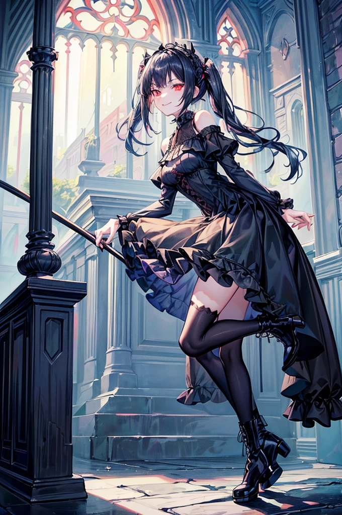 [(church background:1.4)::5],Original,(Illustration:1.1),(Best Quality),(masutepiece:1.1),(the Extremely Detailed CG Unity 8K Wallpapers:1.1), (Colorful:0.9),(mid-shot:0.95),(Full body:1.5),Dynamic Angle,(Solo:1.2), (girl),((Adult)), (Detailed beautiful eyes:1.15), (Beautiful face:1.15), (Glowing red eyes:1.25////),((dark blue long hair)),(Blunt bangs),(low twintails),(+perfect hand+:1.21),(Draw an illustration of a gothic girl),(Religious),(slender),(she has boots on her feet),((Wearing a black dress)),(Furious), Lace Off Shoulder ta Fashion,Beautiful slender woman,((Evil smile)),Dark blue short hair,Dark blue short hair,Laugh,evil smile,