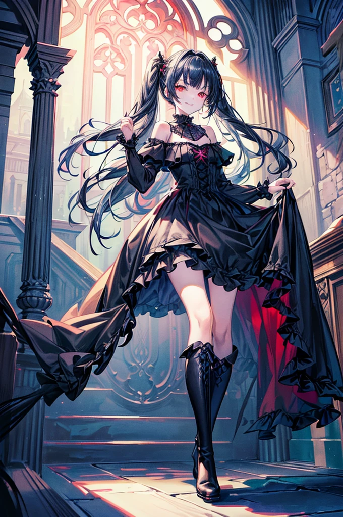 [(church background:1.4)::5],Original,(Illustration:1.1),(Best Quality),(masutepiece:1.1),(the Extremely Detailed CG Unity 8K Wallpapers:1.1), (Colorful:0.9),(mid-shot:0.95),(Full body:1.5),Dynamic Angle,(Solo:1.2), (girl),((Adult)), (Detailed beautiful eyes:1.15), (Beautiful face:1.15), (Glowing red eyes:1.25////),((dark blue long hair)),(Blunt bangs),(low twintails),(+perfect hand+:1.21),(Draw an illustration of a gothic girl),(Religious),(slender),(she has boots on her feet),((Wearing a black dress)),(Furious), Lace Off Shoulder Lolita Fashion,Beautiful slender woman,((Evil smile)),Dark blue short hair,Dark blue short hair,Laugh,evil smile,
