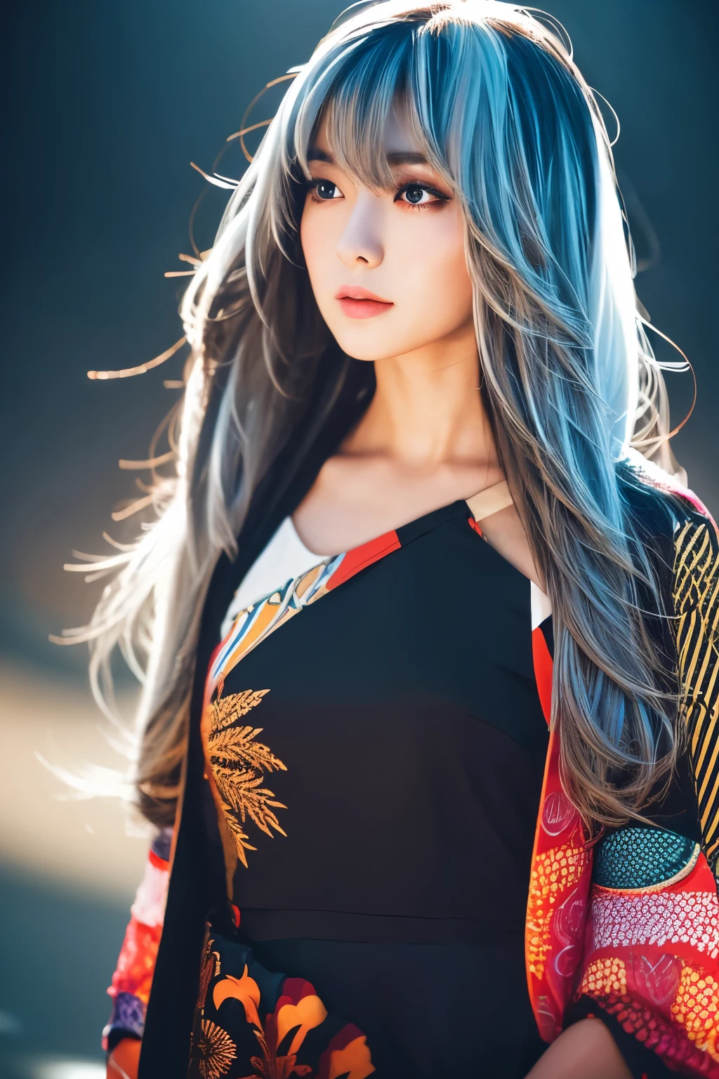 Masterpiece, high quality, high resolution, 8K, (solo:1.2), ((1girl)), Japanese woman, detailed face, detailed eyes, correct body structure, upper body, ((White hair:1.2)), very long hair, messy hair, slender body, seductive silhouette, luminous bones, depth of field, dark photo at nighttime, dimly lit, bangs, Cinematic Lighting, Tyndall effect, abstract background, futuristic outfits, vibrant colors, modern style, wide sleeves, artistic, unique patterns, colorful, stylish, trendy