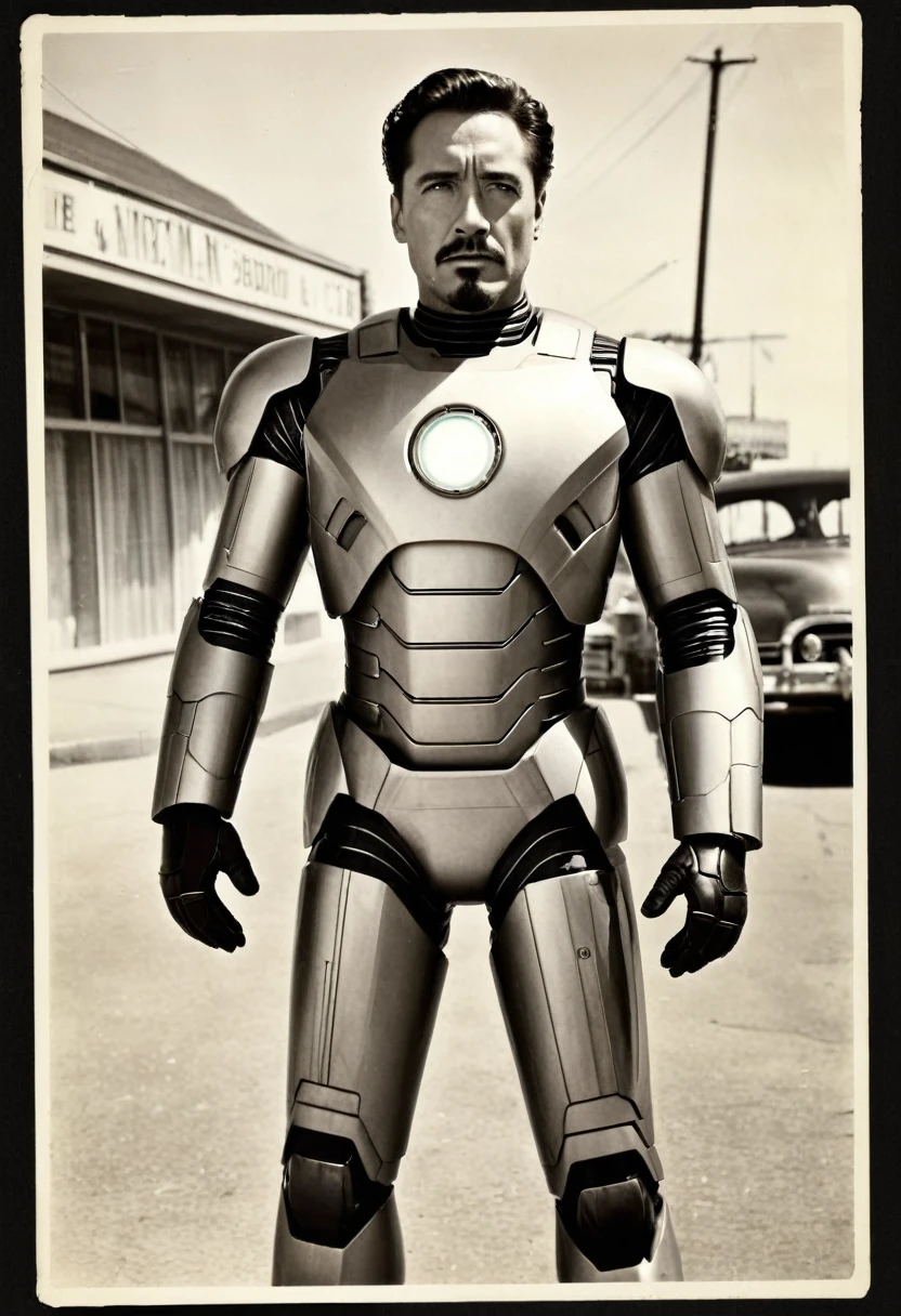 Iron man 1940 movie style, vintage, photographic