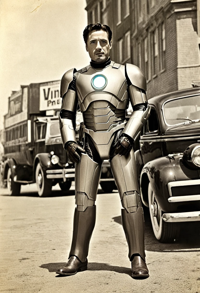 Iron man 1940 movie style, vintage, photographic