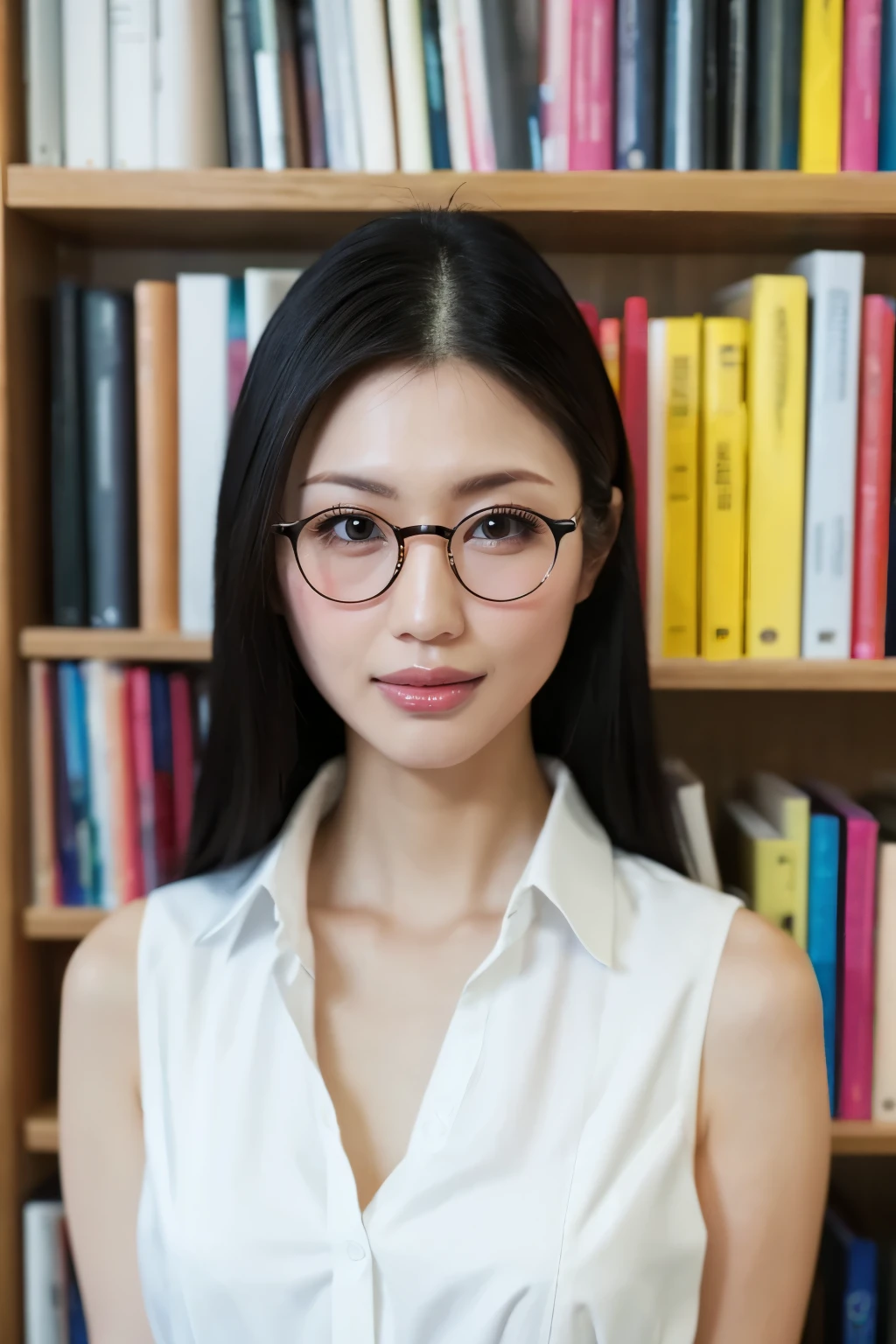 (Highest quality、Tabletop、8K、Award-winning works、Ultra-high resolution、Best image quality)、One beautiful woman、(Perfect sleeveless white open collared blouse:1.3)、(Open chest:1.2)、(Cleavage:1.4)、(Elegant round glasses:1.2)、library、(Standing Elegantly:1.1)、(Strongly blurred background:1.1)、Stand next to a bookshelf、(Perfectly organized bookshelf:1.1)、Bookshelf in the background、居心地の良いlibrary、lipstick、Long eyelashes、Perfect Makeup、Accentuate Deline、soft and warm lighting、Detailed bookshelf、(Ultra-high resolutionの正確な美しい髪:1.1)、(Accurate anatomy:1.2)、Ultra-high definition beautiful eyes、(Super bright and radiant skin:1.1)、(Close-up of face:1.1)、(Expressionless:1.2)