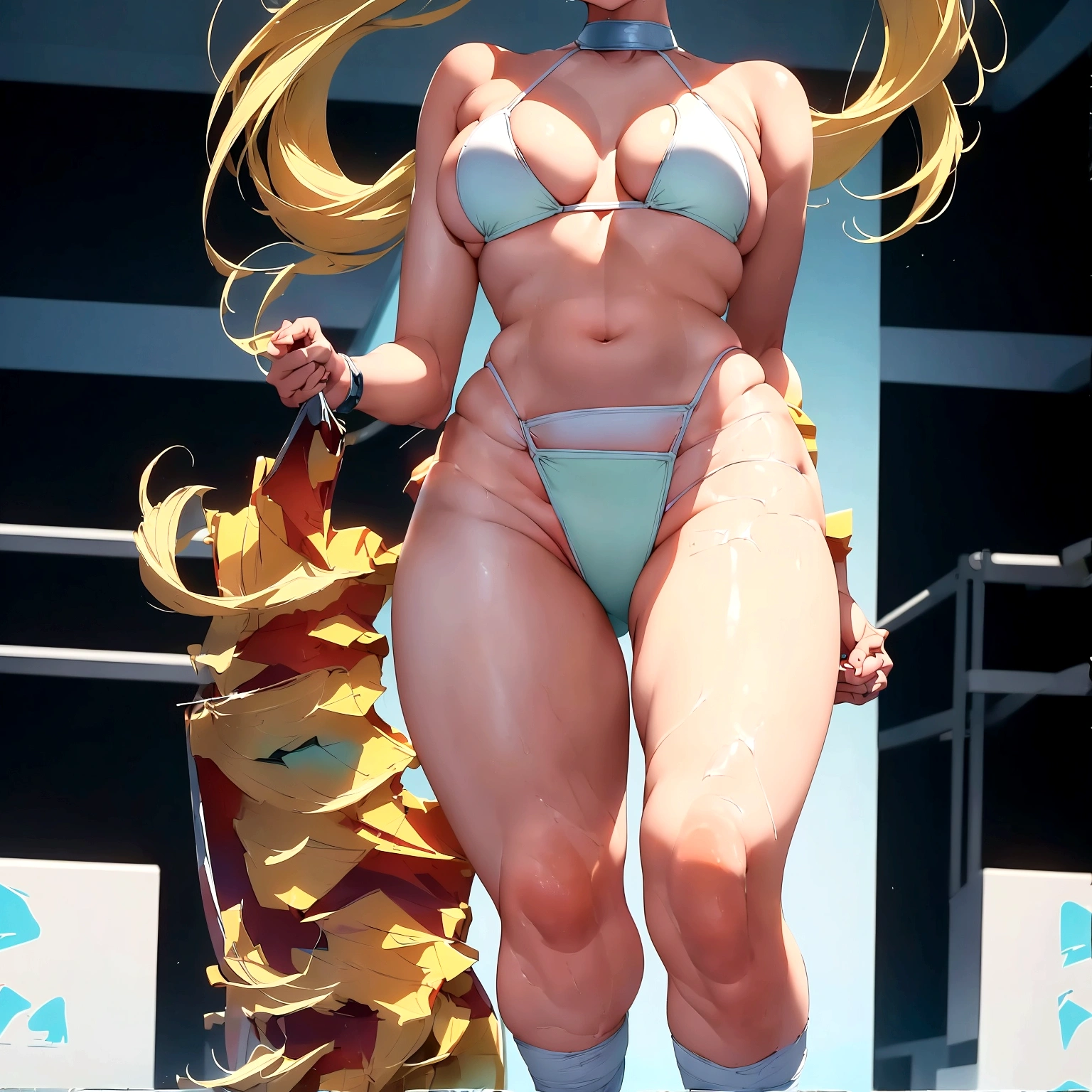 1 girl, as a swimsuit model,(((walking down the catwalk))), (safe), ((catwalk background)), (Bikini), (female), ((cara sexy)), (detailed), ((Perfect eyes)), 8K Wallpaper, NIKON, (sexy) anime, blonde girl, green eyes, big breasts