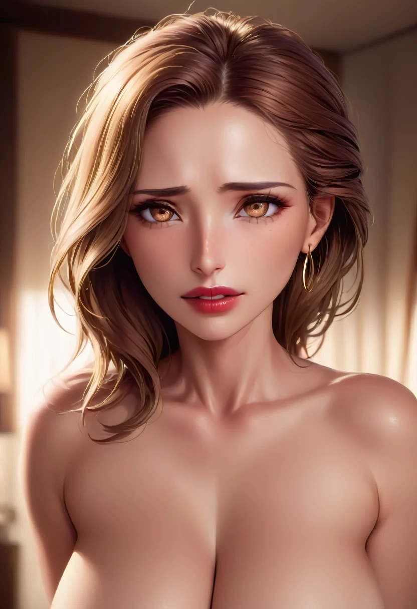 Nude Photoasterpiece, Highest quality, 8K, Official Art, Cinematic Light, Ultra-high resolution, Close-up photo of the face、、One Mature Woman, 45 talents、Sexy mother, Bring your hair back、 View your viewers, hoop earrings, Brown Hair, Brown eyes, Realistic eyes BREAK Red lips、Detailed face、Detailed eyes、Detailed gaze,