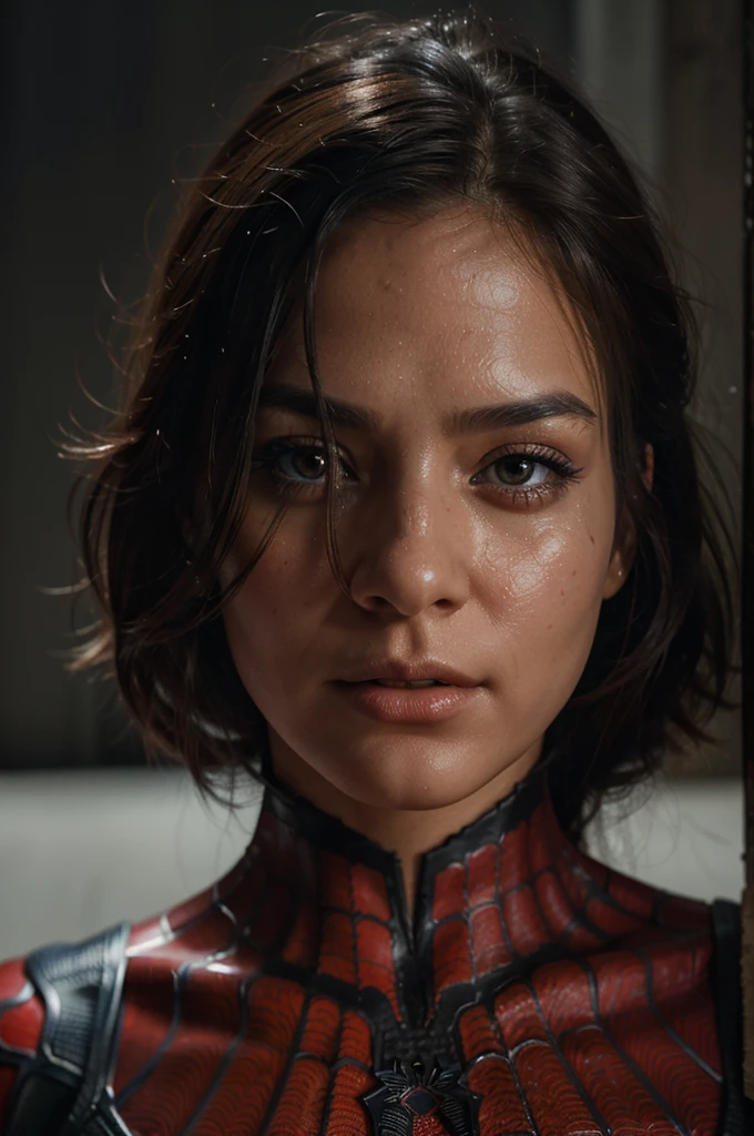 Closeup photo portrait of female Spiderman, atmospheric scene, masterpiece, best quality, (detailed beautiful face, detail skin texture, ultra-detailed body:1.1),