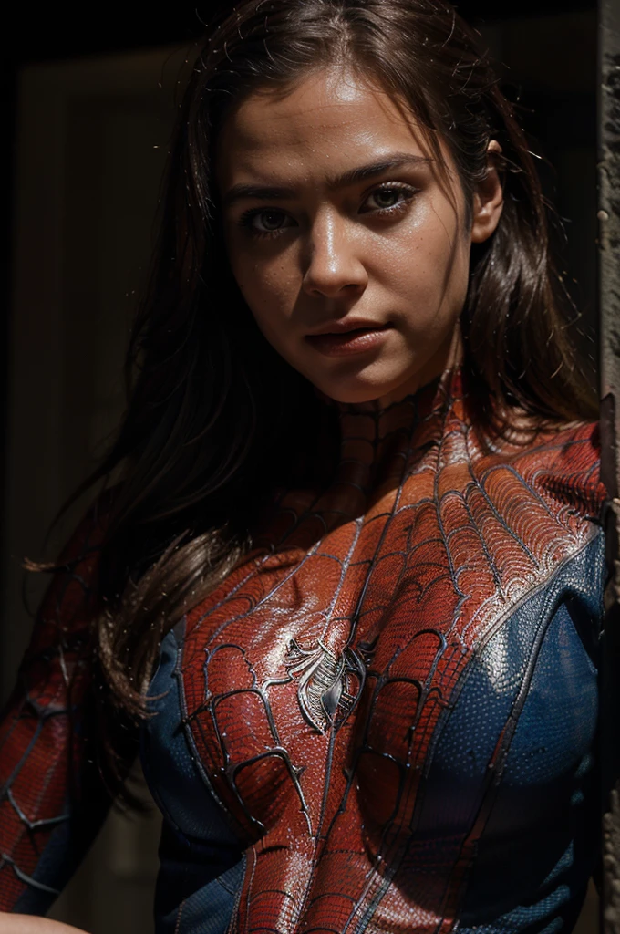 Closeup photo portrait of female Spiderman, atmospheric scene, masterpiece, best quality, (detailed beautiful face, detail skin texture, ultra-detailed body:1.1),