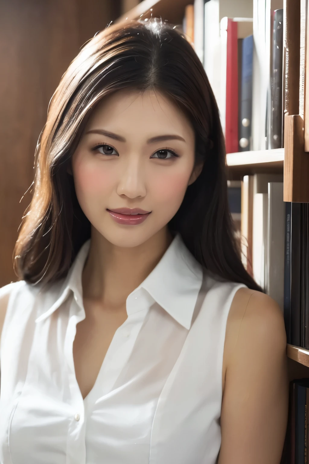 (Highest quality、Tabletop、8K、Award-winning works、Ultra-high resolution、Best image quality)、One beautiful woman、(Perfect sleeveless white open collared blouse:1.3)、(Open chest:1.2)、(Cleavage:1.2)、(Elegant round glasses:1.2)、library、(Standing Elegantly:1.1)、(Strongly blurred background:1.1)、Stand next to a bookshelf、(Perfectly organized bookshelf:1.1)、Bookshelf in the background、居心地の良いlibrary、lipstick、Long eyelashes、Perfect Makeup、Accentuate Deline、soft and warm lighting、Detailed bookshelf、(Ultra-high resolutionの正確な美しい髪:1.1)、(Accurate anatomy:1.2)、Ultra-high definition beautiful eyes、(Super bright and radiant skin:1.1)、(Close-up of face:1.1)