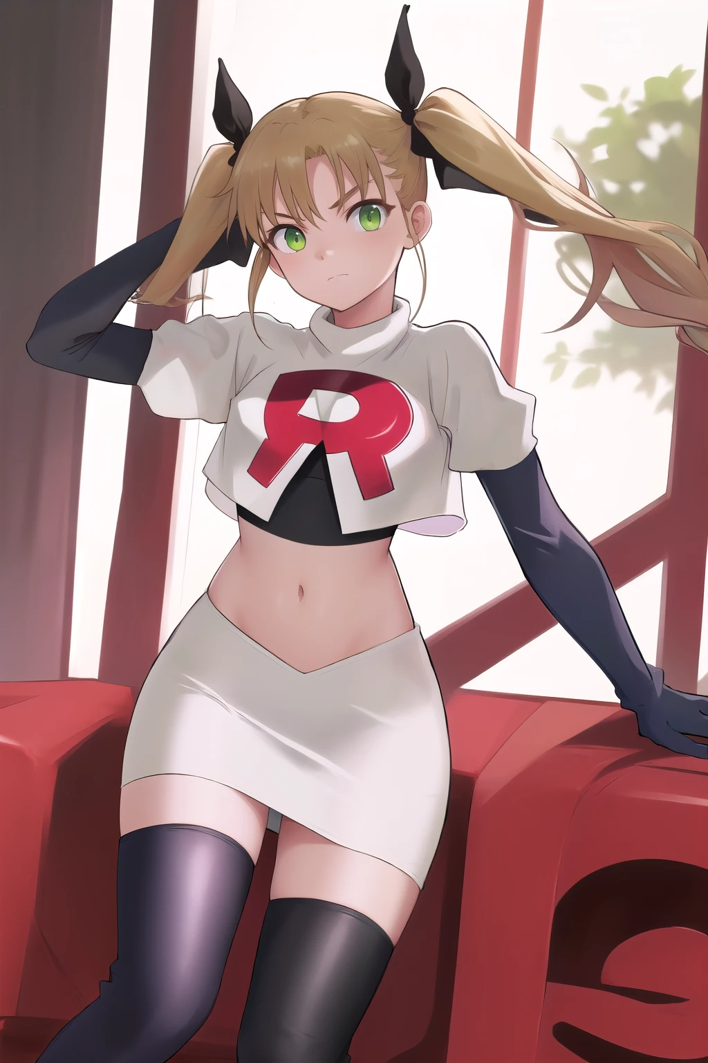 masterpiece, best quality, highres, 1girl twintails hair ribbon, green eyes, team rocket,team rocket uniform,white skirt,red letter R,crop top,black thigh-highs,black elbow gloves