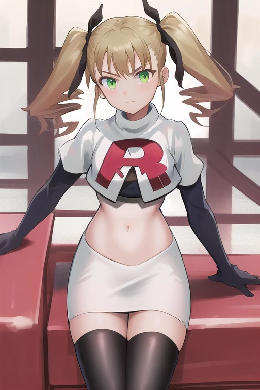 masterpiece, best quality, highres, 1girl twintails hair ribbon, green eyes, team rocket,team rocket uniform,white skirt,red letter R,crop top,black thigh-highs,black elbow gloves