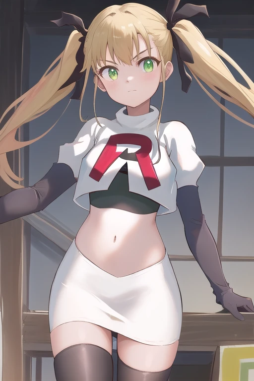masterpiece, best quality, highres, 1girl twintails hair ribbon, green eyes, team rocket,team rocket uniform,white skirt,red letter R,crop top,black thigh-highs,black elbow gloves