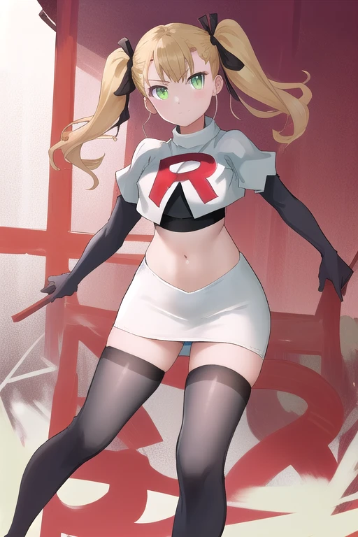 masterpiece, best quality, highres, 1girl twintails hair ribbon, green eyes, team rocket,team rocket uniform,white skirt,red letter R,crop top,black thigh-highs,black elbow gloves