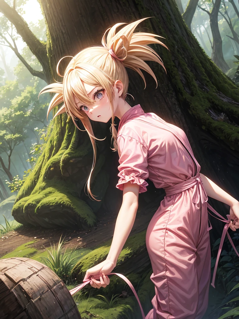 1 girl, two pigtails falling over her shoulders with pink rubber bands, blond hair, wearing a pink jumpsuit dress, In a forest, next to 1 boy with black hair, very messy hair how Goku from Dragon Ball , black eyes, wearing casual clothes