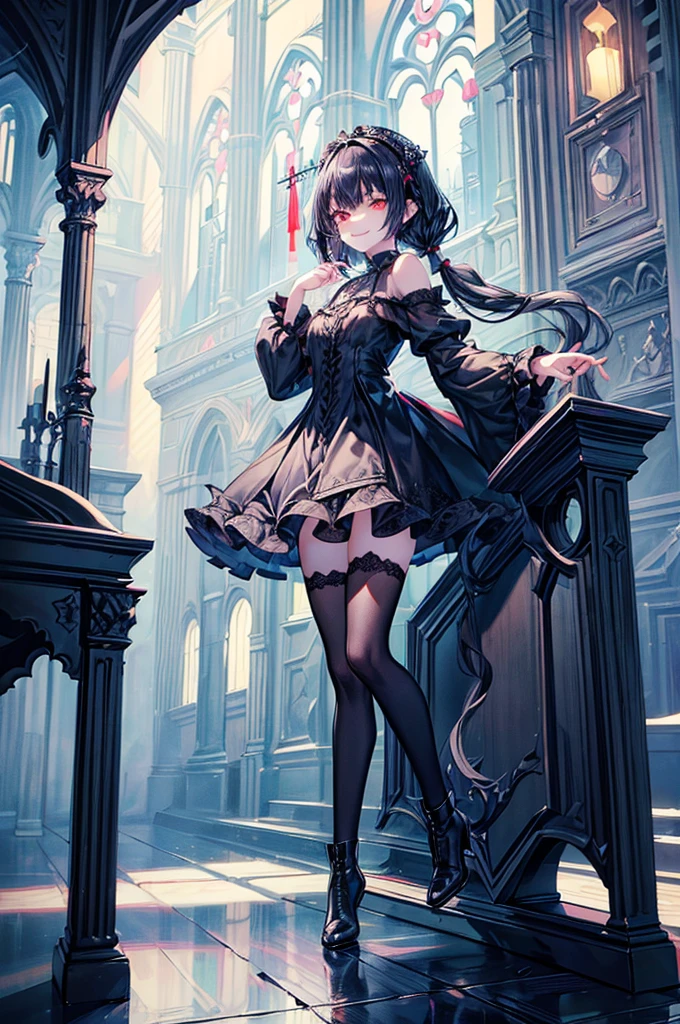 [(church background:1.4)::5],Original,(Illustration:1.1),(Best Quality),(masutepiece:1.1),(the Extremely Detailed CG Unity 8K Wallpapers:1.1), (Colorful:0.9),(mid-shot:0.95),(Full body:1.5),Dynamic Angle,(Solo:1.2), (girl),((Adult)), (Detailed beautiful eyes:1.15), (Beautiful face:1.15), (Glowing red eyes:1.25////),((dark blue long hair)),(Blunt bangs),(low twintails),(+perfect hand+:1.21),(Draw an illustration of a gothic girl),(Religious),(slender),(she has boots on her feet),((Wearing a black dress)),(Furious), Lace Off Shoulder Lolita Fashion,Beautiful slender woman,((Evil smile)),Dark blue short hair,Dark blue short hair,Laugh,evil smile,mini skirt,short hair,