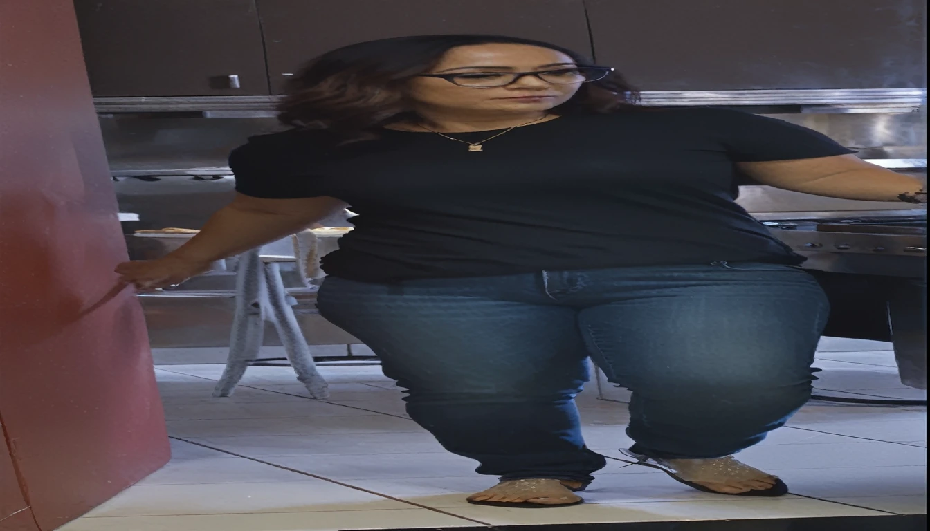 woman in black shirt and jeans standing in kitchen with a dog, middle shot waist up, uhd candid photo of dirty, distant full body shot, black extremely tight jeans, zoomed out full body, standing in a restaurant, wearing jeans, close up to a skinny, low quality video, ( ( ( wearing jeans ) ) ), full body profile camera shot