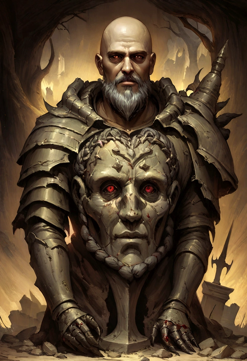 Draw a stone statue of armor with a strong, bloody face and bloody head, Science fiction horror art, sci-fi horror artwork, inspired by Aleksi Briclot, Fangs of the slaughter, horror fantasy art, Alexis Bricklot(Alexis Bricklot), horror concept art, veneno, Fantasy and horror art, Detailed illustration of 4K horror, Armor stone statue, full-body portraits,dark fantasy horror art, male, bald, spear, full body, (full-body), black beard, braided beard