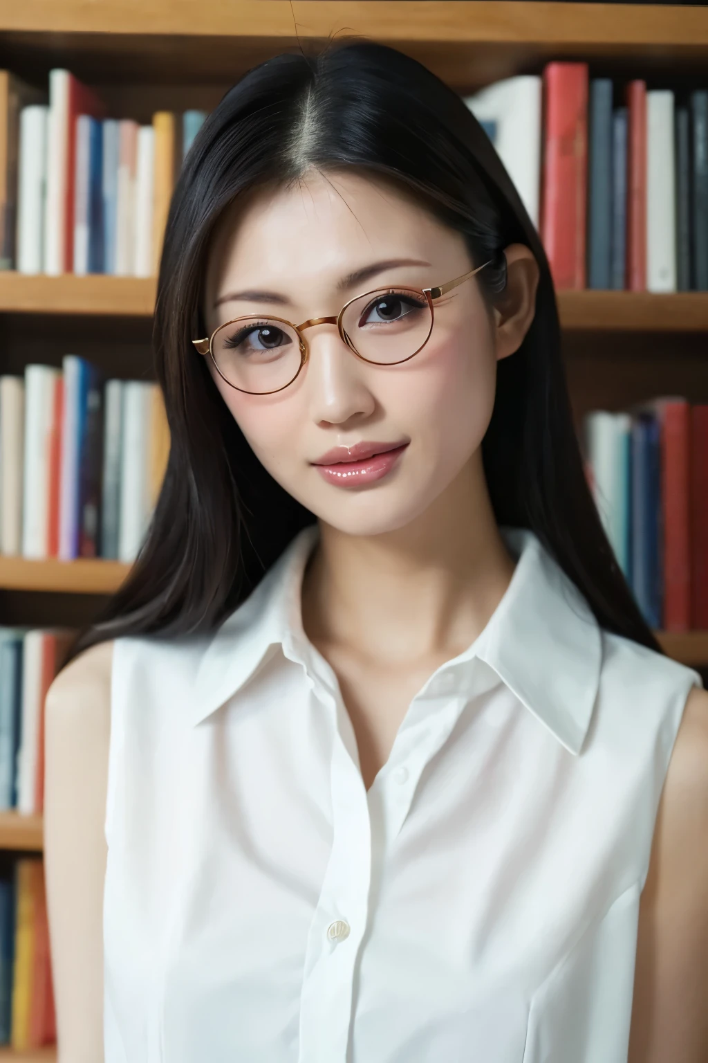 (Highest quality、Tabletop、8K、Award-winning works、Ultra-high resolution、Best image quality)、One beautiful woman、(Perfect sleeveless white open collared blouse:1.3)、(Open chest:1.2)、(Cleavage:1.2)、(Elegant round glasses:1.2)、library、(Standing Elegantly:1.1)、(Strongly blurred background:1.1)、Stand next to a bookshelf、(Perfectly organized bookshelf:1.1)、Bookshelf in the background、居心地の良いlibrary、lipstick、Long eyelashes、Perfect Makeup、Accentuate Deline、soft and warm lighting、Detailed bookshelf、(Ultra-high resolutionの正確な美しい髪:1.1)、(Accurate anatomy:1.2)、Ultra-high definition beautiful eyes、(Super bright and radiant skin:1.1)、(Close-up of face:1.1)