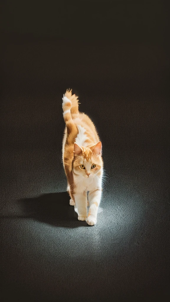 8 k realstic image, iphone, realstic minimal wallpapers, gold and white or orange and white cat realstic girl cat image. It's all dark. It has a light bulb hanging on a rope. A cocroaches scared of a girl cat and around that kitchen. Beneath it, a cat runs to catch it.