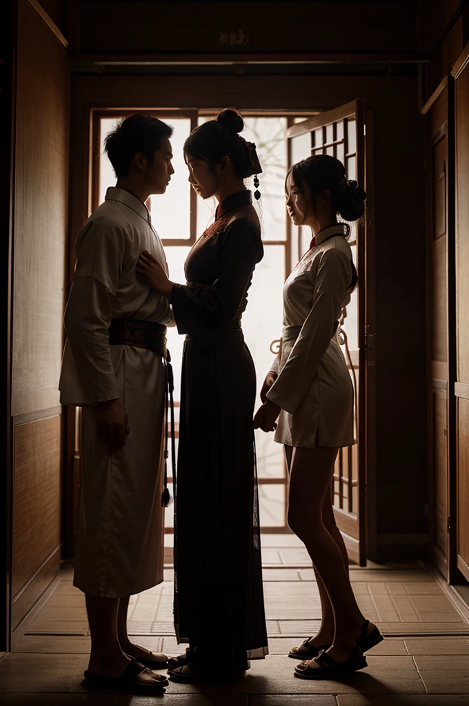 The silhouette of a pair of ancient Chinese lovers wearing hanfu facing away from each other