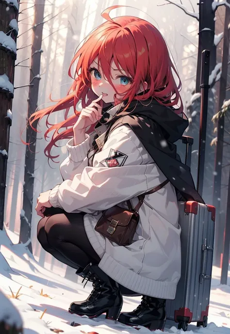 shana,灼眼のshana,long hair, redhead, red eyes,ahoge,,smile,blush,white breath,
open your mouth,snow,ground bonfire, outdoor, boots...