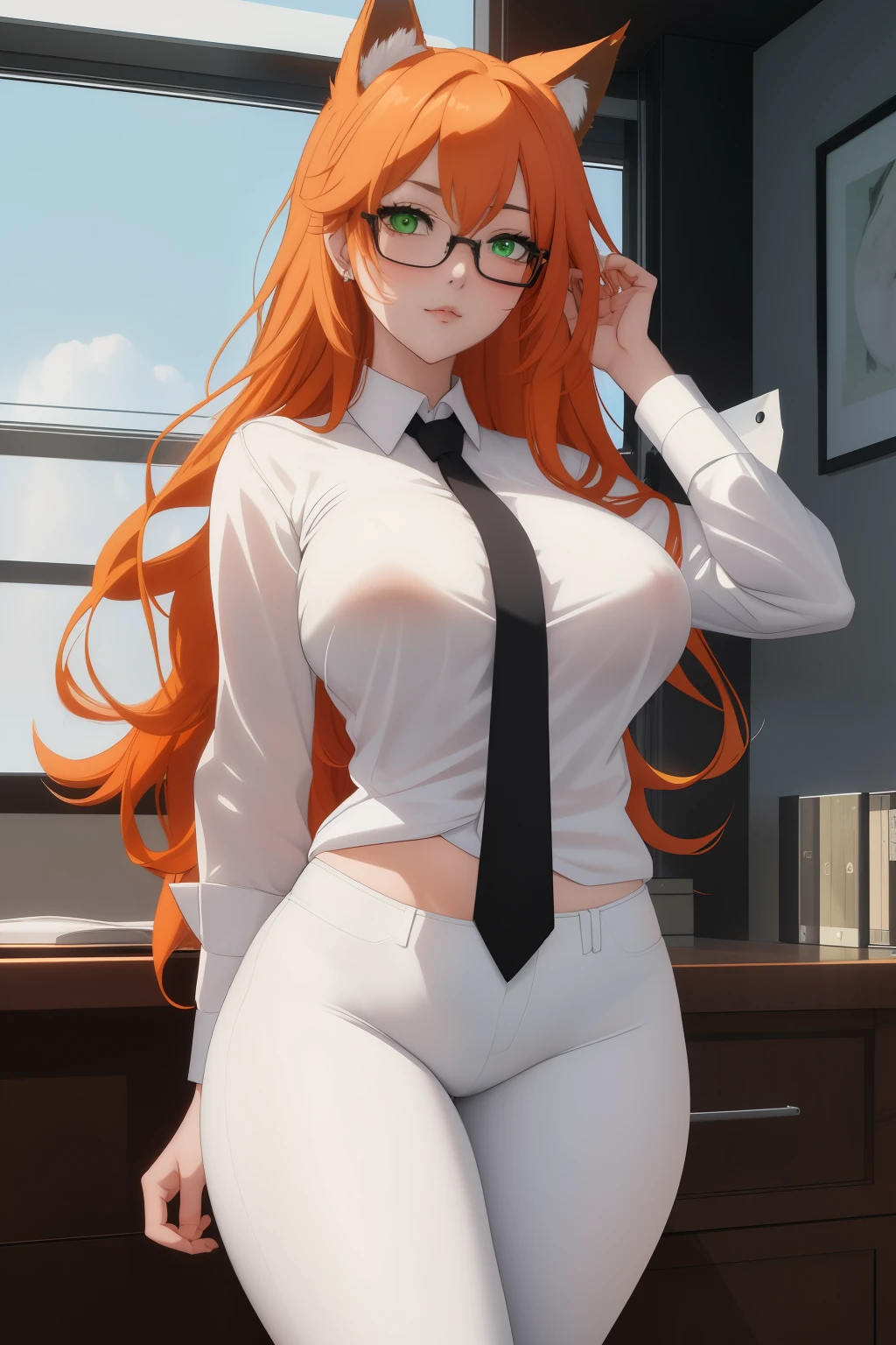 (masterpiece, Best quality), 8K, ultra detailed, realistic photo, Detailed face, perfect lighting, green eyes, bright orange hair, bright hair, fox ears, nice legs, side photo, beautiful, Cute, skin pores, 1 girl, perfect shirt, fully dressed, beautiful women 30 years old, Beautiful proportions, Russian woman, Caucasian, European, Business lady, stunningly beautiful woman, mother, thick legs, show ass, big breasts, (Thin white shirt:1.4), thick, hot, (White Office Wear:1.4), tight pants, (wide hips:1.2), thick, (white Office pants:1.3), spread your legs, Legs open, full length, wide hips, Glasses, with long orange hair, standing on the beach near the ocean, green eyes detailed digital anime art, cat ear, anime girl with long hair, гладкое аниме cg art, anime girl with long hair, digital anime art, work in Guweiz style, Beautiful anime portrait, Photorealistic render of an anime girl, pantyhose, Beautiful anime girl, advanced digital anime art, guweiz на artstation pixiv HD UHD HQ