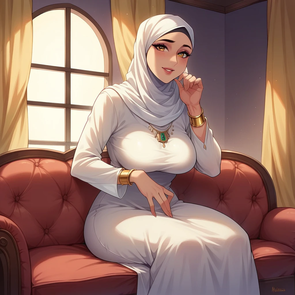 a beautiful Indonesian woman, wearing a hijab, wearing a long white dress, a gold bracelet on her right hand, a watch on her left hand, sitting on a red sofa in the corner of her living room, several family photos hanging on the purple wall, gold yellow curtains on the window.