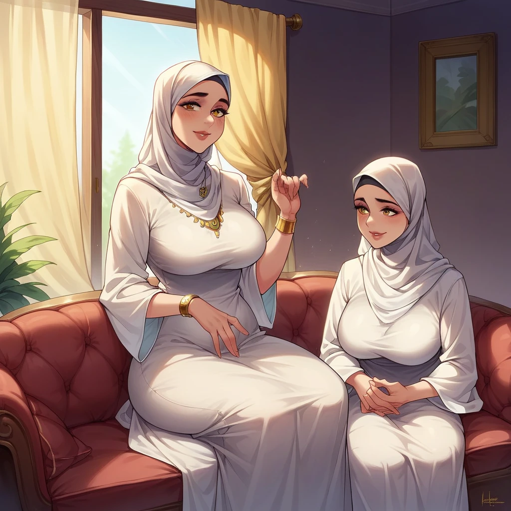 a beautiful Indonesian woman, wearing a hijab, wearing a long white dress, a gold bracelet on her right hand, a watch on her left hand, sitting on a red sofa in the corner of her living room, several family photos hanging on the purple wall, gold yellow curtains on the window.