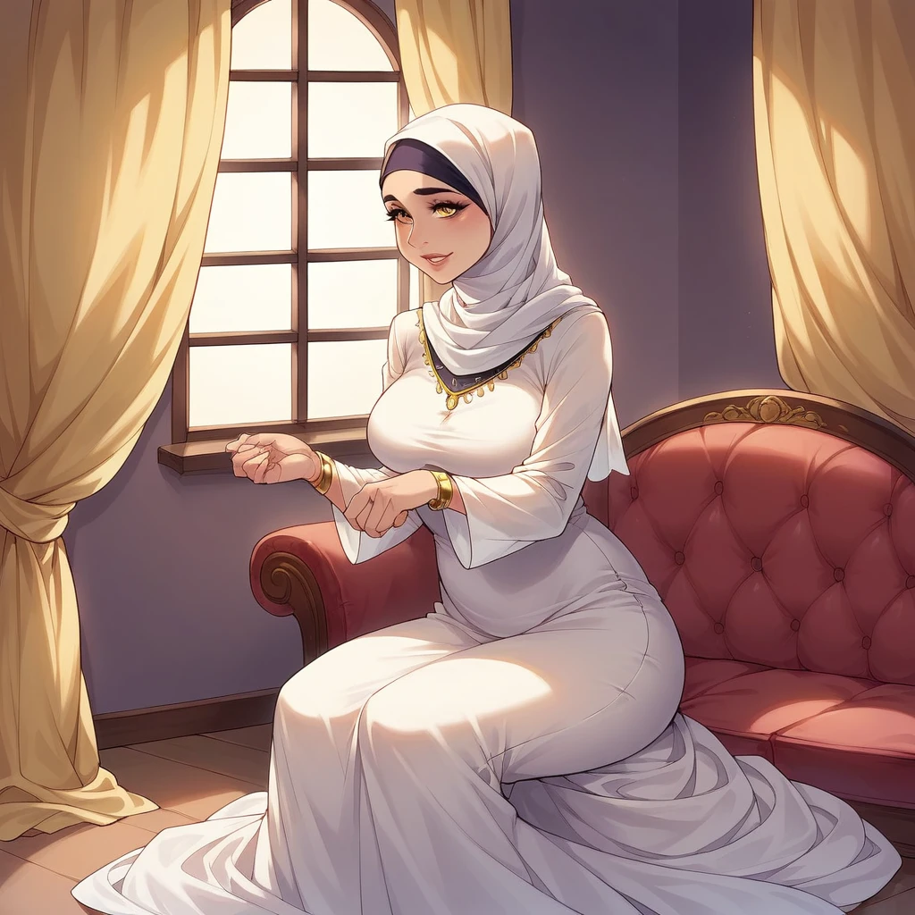 a beautiful Indonesian woman, wearing a hijab, wearing a long white dress, a gold bracelet on her right hand, a watch on her left hand, sitting on a red sofa in the corner of her living room, several family photos hanging on the purple wall, gold yellow curtains on the window.