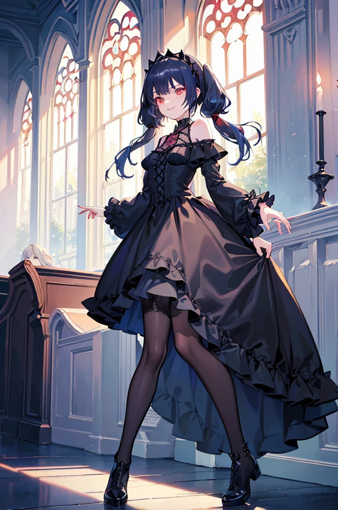 [(church background:1.4)::5],Original,(Illustration:1.1),(Best Quality),(masutepiece:1.1),(the Extremely Detailed CG Unity 8K Wallpapers:1.1), (Colorful:0.9),(mid-shot:0.95),(Full body:1.5),Dynamic Angle,(Solo:1.2), (girl),((Adult)), (Detailed beautiful eyes:1.15), (Beautiful face:1.15), (Glowing red eyes:1.25////),((dark blue long hair)),(Blunt bangs),(low twintails),(+perfect hand+:1.21),(Draw an illustration of a gothic girl),(Religious),(slender),(she has boots on her feet),((Wearing a black dress)),(Furious), Lace Off Shoulder ta Fashion,Beautiful slender woman,((Evil smile)),Dark blue short hair,Dark blue short hair,Laugh,evil smile,