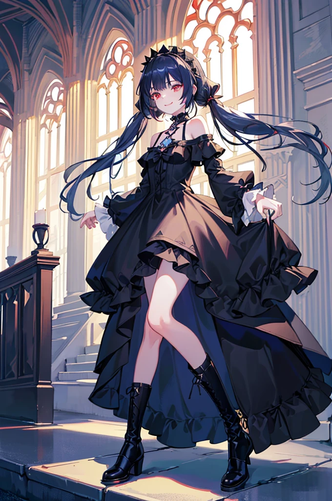 [(church background:1.4)::5],Original,(Illustration:1.1),(Best Quality),(masutepiece:1.1),(the Extremely Detailed CG Unity 8K Wallpapers:1.1), (Colorful:0.9),(mid-shot:0.95),(Full body:1.5),Dynamic Angle,(Solo:1.2), (girl),((Adult)), (Detailed beautiful eyes:1.15), (Beautiful face:1.15), (Glowing red eyes:1.25////),((dark blue long hair)),(Blunt bangs),(low twintails),(+perfect hand+:1.21),(Draw an illustration of a gothic girl),(Religious),(slender),(she has boots on her feet),((Wearing a black dress)),(Furious), Lace Off Shoulder Lolita Fashion,Beautiful slender woman,((Evil smile)),Dark blue short hair,Dark blue short hair,Laugh,evil smile,