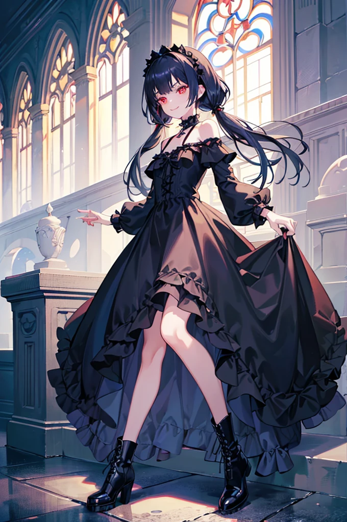 [(church background:1.4)::5],Original,(Illustration:1.1),(Best Quality),(masutepiece:1.1),(the Extremely Detailed CG Unity 8K Wallpapers:1.1), (Colorful:0.9),(mid-shot:0.95),(Full body:1.5),Dynamic Angle,(Solo:1.2), (girl),((Adult)), (Detailed beautiful eyes:1.15), (Beautiful face:1.15), (Glowing red eyes:1.25////),((dark blue long hair)),(Blunt bangs),(low twintails),(+perfect hand+:1.21),(Draw an illustration of a gothic girl),(Religious),(slender),(she has boots on her feet),((Wearing a black dress)),(Furious), Lace Off Shoulder Lolita Fashion,Beautiful slender woman,((Evil smile)),Dark blue short hair,Dark blue short hair,Laugh,evil smile,