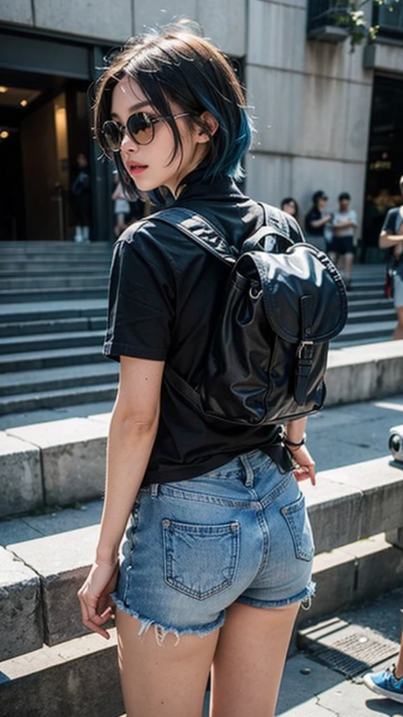 One wears black short sleeves,Black denim super shorts,Carrying a backpack,Close-up shot of blue-haired teenage girl in sunglasses climbing over railing,Back to the audience,Beautiful buttocks