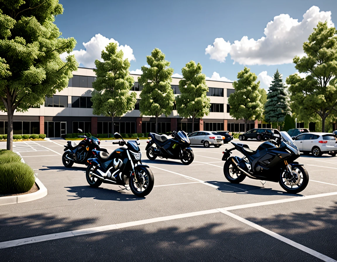 black motorcycle parke, cars parked in a parking lot with trees in the foreground,university parking, detailed rendering, a photorealistic rendering, realistic rendering, photorealistic rendering, realistic scene, photorealistic streetscape, cg rendering, rendered in lumion pro, realistic physical rendering, digital rendering, beautiful rendering, 3d rendering!, 3 d rendering!, hyper detailed scene, architectural rendering