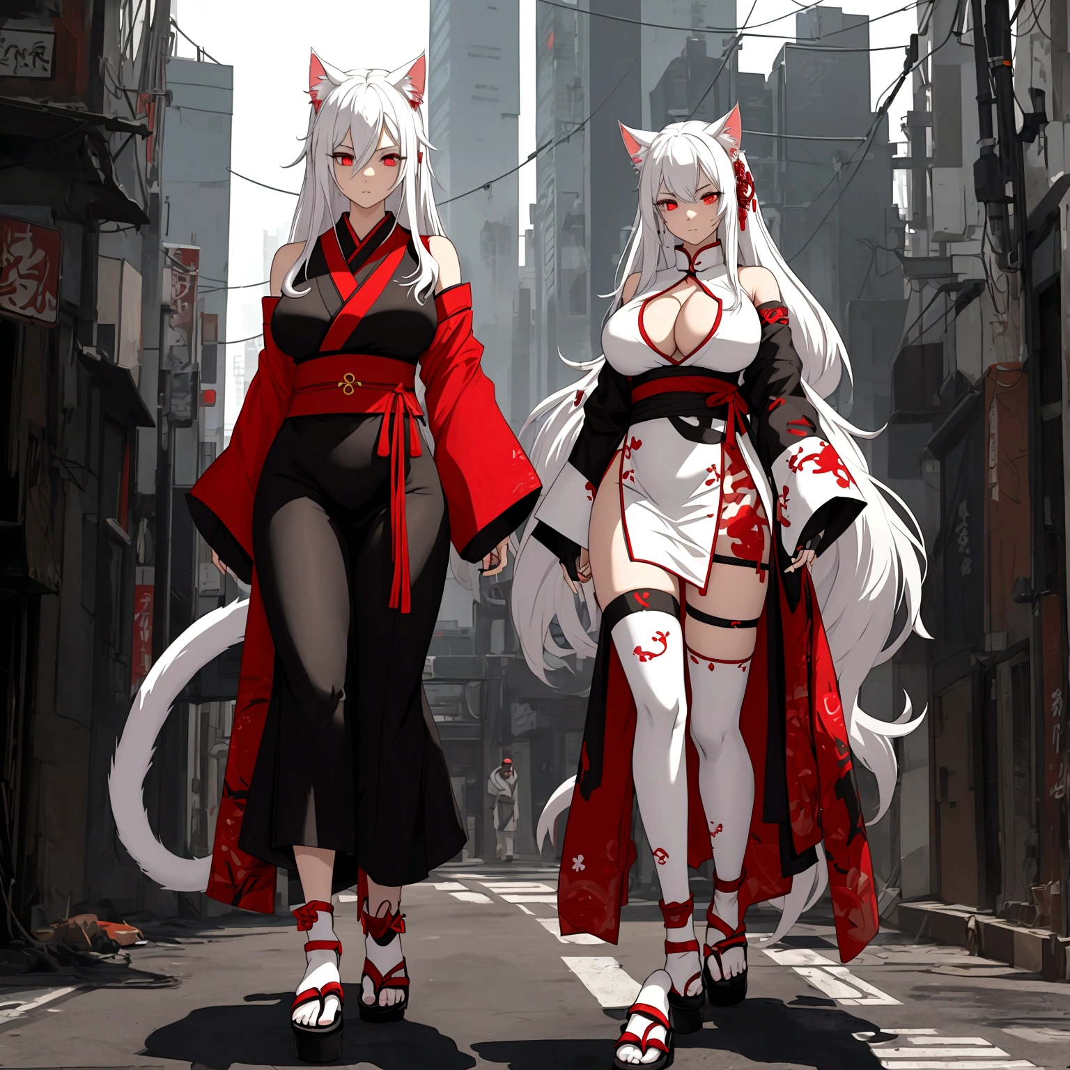 Make a full body character with 2D graphics based on current anime 4k-8k The character is 22 years old. Mature body with big breasts and curves. Eyes red, white cat ears, long white hair down to the ankles. Cat's furry tail. The outfit is a mix of traditional Japanese kimono, Qipao chines stylized in a cyberpunk way. The colors of the clothes are predominantly white with details of blood red and gold.. With sock 3/4 black and white, sandalhas ninja estilo cyberpunk.
