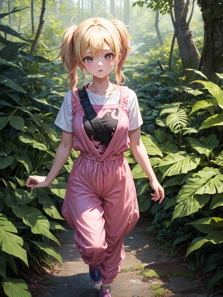 1 girl, two pigtails falling over her shoulders with pink rubber bands, blond hair, wearing a pink jumpsuit dress, In a forest, next to 1 boy with black hair, very messy hair how Goku from Dragon Ball , black eyes, wearing casual clothes