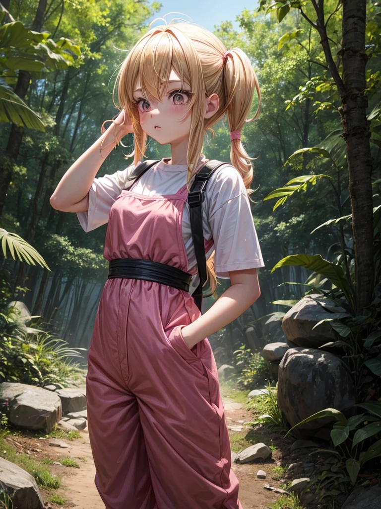1 girl, two pigtails falling over her shoulders with pink rubber bands, blond hair, wearing a pink jumpsuit dress, In a forest, next to 1 boy with black hair, very messy hair how Goku from Dragon Ball , black eyes, wearing casual clothes