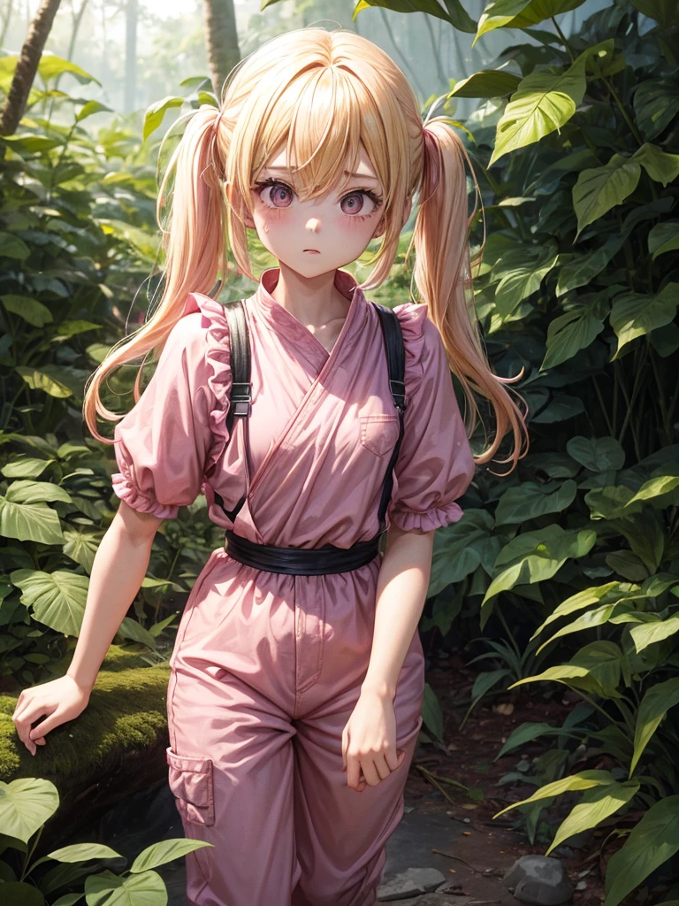 1 girl, two pigtails falling over her shoulders with pink rubber bands, blond hair, wearing a pink jumpsuit dress, In a forest, next to 1 boy with black hair, very messy hair how Goku from Dragon Ball , black eyes, wearing casual clothes