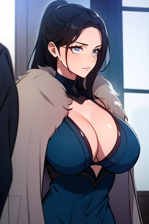 busty girl, gray fur, gray eyes, with gray dress 